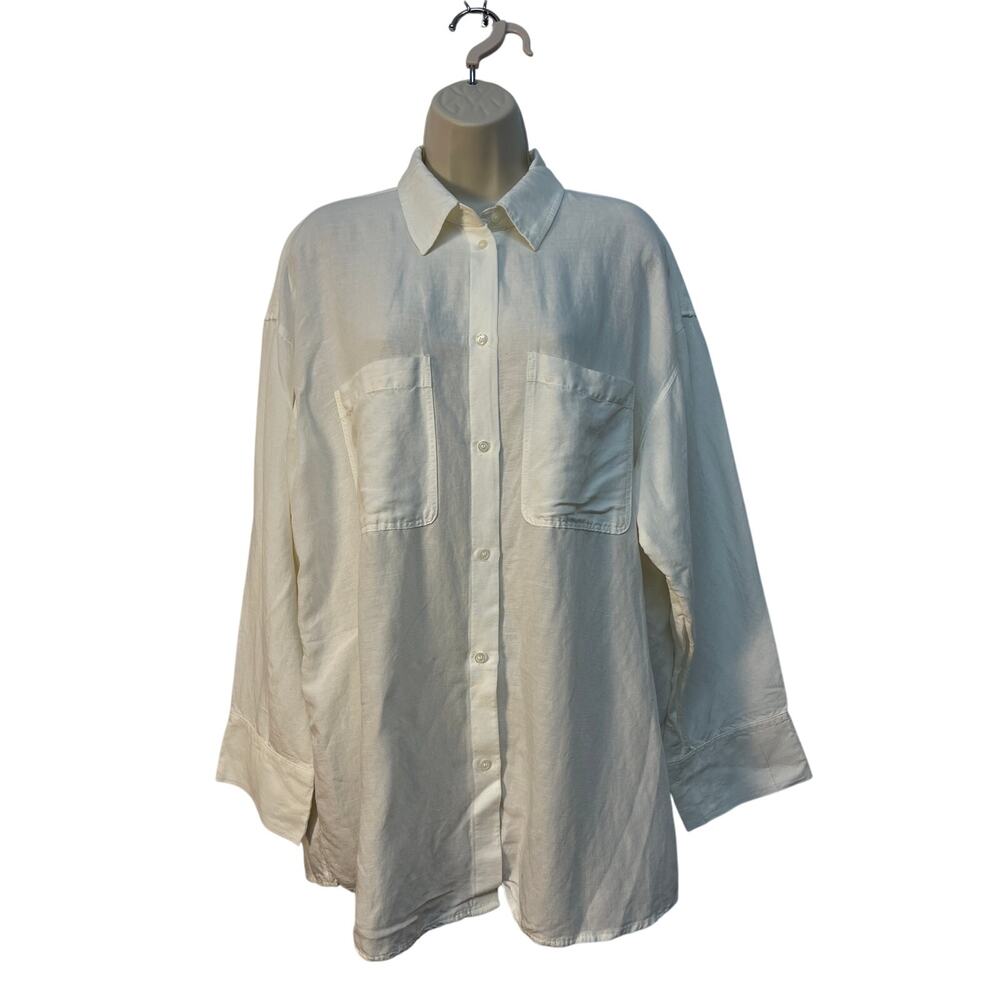 Linen Blend White Button Down Blouse Two Front Chest‎ Pockets Size Medium